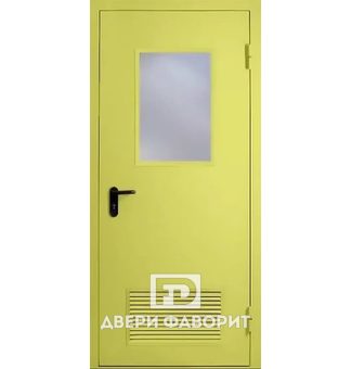 металлическая дверь в котельную с вентиляционной решеткой и стеклом