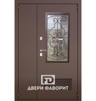 двустворчатая дверь в котельную со стеклом с ковкой и решеткой для вентиляции